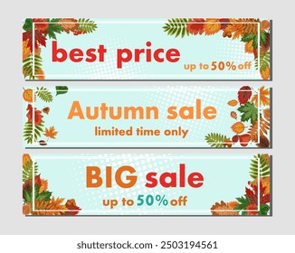 autumn sale abstract background, vector illustration of several banners, flyers with falling autumn leaves on a sky blue background