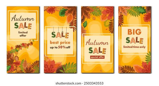 Fondo abstracto de la venta del otoño, Ilustración vectorial de varios Anuncios, volantes con las hojas de otoño que caen en un fondo amarillo brillante