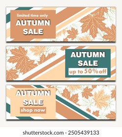 autumn sale, abstract background, vector illustration collection of several banners with falling autumn leaves on a light  background, en elegant powder beige tones