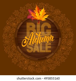 Autumn sale ad banner with rounded design and line art autumn leaves. Lettering with calligraphy inscription Autumn Sale. Vector stock illustration.