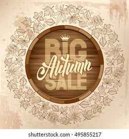Autumn sale ad banner with rounded design and line art autumn leaves. Lettering with calligraphy inscription Autumn Sale. Vector stock illustration.