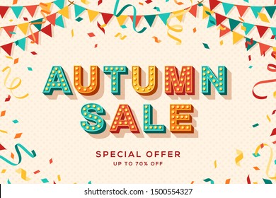 Plantilla de anuncio de venta de otoño. Evento de compras en temporada de otoño, oferta especial de descuento. Cupón de regalo, diseño de póster promocional. Guirnaldas de papel e ilustración plana confetti con letras estilo carnaval