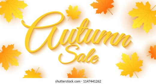 Autumn sale. Advertising seasonal banner. Invitation greeting card. Calligraphy and lettering. Orange maple leaves. White background. Vector illustration. EPS 10