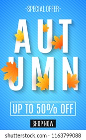 Autumn sale. Advertising seasonal banner. Greeting card. Maple leaves. Greeting card. Blue background with pattern of lines. Vector illustration. EPS 10