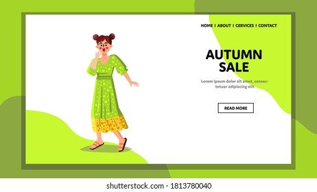 Autumn Sale Amazed Woman Saw Low Price Vector. Woman Shopper With Opened Mouth Watching Special Offers Discount Autumn Sale. Character Expression And Emotion Web Flat Cartoon Illustration