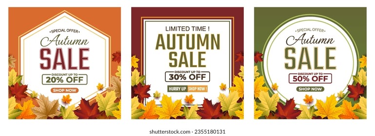 Autumn Sale Background 2023, set of abstract backgrounds with leave frame, autumn sale, square banner, posters, cover design templates, social media wallpaper stories