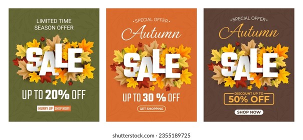 Autumn Sale Background 2023, set of abstract backgrounds with leave frame, autumn sale, banner, posters, cover design templates, social media wallpaper stories