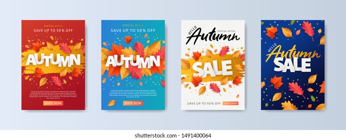 Autumn Sale background, banner, or flyer design. Set of colorful autumn posters with bright beautiful leaves frame, paper cut style letters and lettering. Template for advertising, web, social media