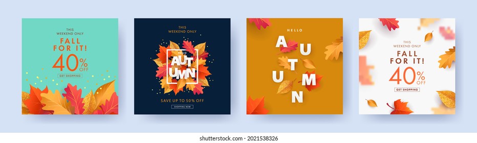 Autumn Sale background, banner, or flyer design. Set of colorful autumn posters with bright beautiful leaves frame, paper cut style letters and lettering. Template for advertising, web, social media