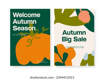 Autumn Sale background, banner, or flyer design. Set of colorful autumn posters with bright beautiful leaves, pumpkin, paper cut style. Template for advertising, web, social media