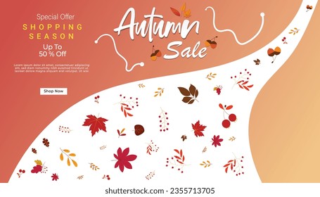 Autumn Sale background, banner, or flyer design. Colorful autumn posters with bright beautiful leaves frame, paper cut style letters and lettering. Template for advertising, web, social media