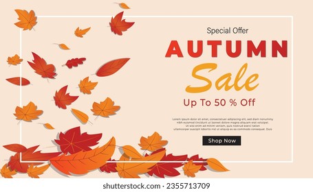 Autumn Sale background, banner, or flyer design. Colorful autumn posters with bright beautiful leaves frame, paper cut style letters and lettering. Template for advertising, web, social media