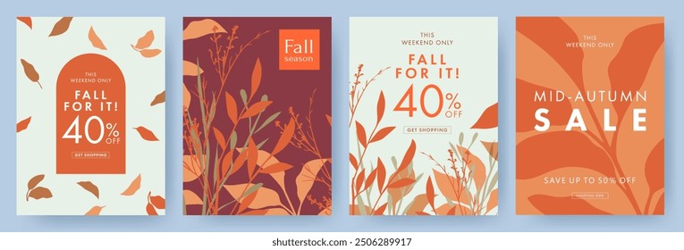 Autumn Sale background, banner, or flyer design. Set of colorful autumn posters or card with bright beautiful leaves and plants frame and typography design. Template for advertising, web, social media