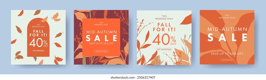 Fondo de la venta del otoño, Anuncio, o diseño del volante. Conjunto de cartel de otoño colorido o tarjeta con hojas brillantes hermosas y plantas marco y diseño de tipografía. Plantilla para publicidad, Web, redes sociales