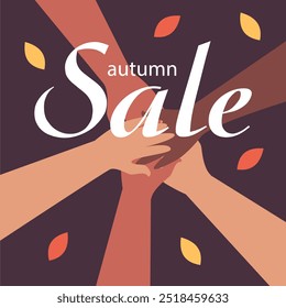 Autumn Sale background, banner or flyer design. People of different nationalities go shopping. Template for advertising, web, social networks. Flat vector illustration in cartoon style.