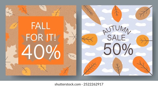 Autumn sale background, banner or flyer design. Set of colorful autumn posters or cards with bright leaves and trees frame and typography design. Template for advertising, web, social media. 