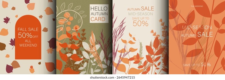 Autumn Sale background, banner, flyer. Hello Fall  posters card  frame  typography design with  leaves and plants. Set Template for advertising, web, social media, web