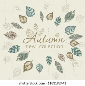 Autumn sale background for banner, flyers in vector. With autumn leaves decorative with patterns in beige light pastel colors.