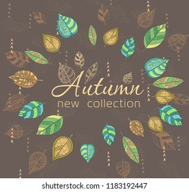 Autumn sale background for banner, flyers in vector. With autumn leaves decorative with patterns in beige light pastel colors.