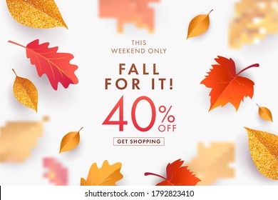 Autumn Sale background, banner, poster or flyer design. Vector illustration with bright beautiful leaves frame and text fall for it 40 % off. Template for advertising, web, social and fashion ads