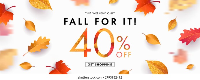 Autumn Sale background, banner, poster or flyer design. Vector illustration with bright beautiful leaves frame and text fall for it 40 % off. Template for advertising, web, social and fashion ads