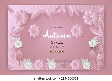 Autumn Sale background, banner, poster or flyer design. Vector illustration with bright beautiful leaves frame and color full fink flower rose. Template for advertising, web, social and fashion ads