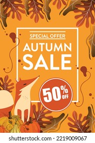 Autumn Sale background, banner, poster or flyer design. Vector illustration with bright beautiful leaves frame and text fall for it 50 % off.