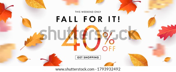 Autumn Sale background, banner, poster or flyer
design. Vector illustration with bright beautiful leaves frame and
text fall for it 40 % off. Template for advertising, web, social
and fashion ads