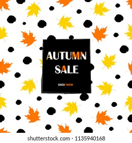 Autumn Sale background with colorful maple leaves and black dots . Vector illustration