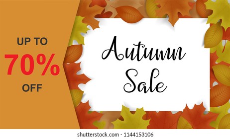 Autumn sale background decor with autumn maple leaves and frame for brochure, leaflet, poster, banner. sale up to 70% off. Vector illustration EPS10.