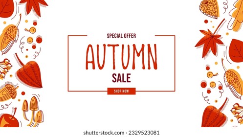 Autumn sale background decorate with leaves, berries, mushrooms, pumpkin and other elements. 
Good for shopping sale or promo poster. Vector illustration.
