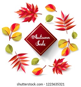 Autumn sale background. Decorative freehand lettering and colorful fall leaves with shadows. Vector illustration.