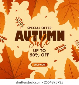 Autumn sale background with elements of branches and leaves. Fall season and Thanksgiving theme. template for card, banner, invitation, social media post, poster