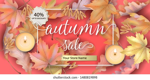 Autumn sale background with fallen maple leaves and candles. Vector autumn illustration