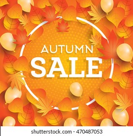 Autumn sale background with falling leaves and balloons. Vector illustration.
