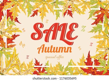 Autumn sale background with falling maple leaves.