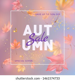 Autumn sale background with falling autumn maple leaves. Vector illustrations