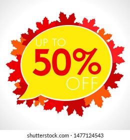 Autumn Sale background with falling red and orange leaves. Up to 50% off discount september promotion template for web banner or poster. Abstract vector illustration