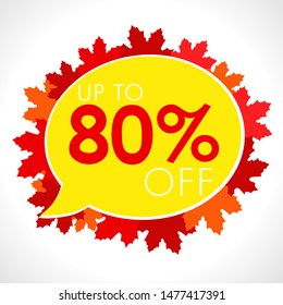 Autumn Sale background with falling red and orange leaves. Up to 80% off discount september promotion template for web banner or poster. Abstract vector illustration