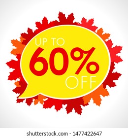 Autumn Sale background with falling red and orange leaves. Up to 60% off discount september promotion template for web banner or poster. Abstract vector illustration