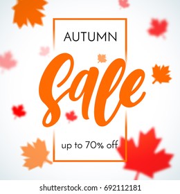 Autumn sale background with falling red and orange maple leaves. Vector discount offer banner with autumnal design for promo poster, leaflet, web banner. Vector modern sale poster