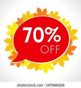 Autumn Sale background with falling yellow and orange leaves. 70% off discount september promotion template for web banner or poster, abstract vector illustration