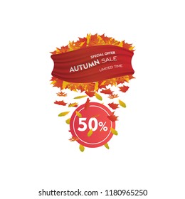 Autumn sale background Flying and Fallen Leaves web banner.Vector illustration template.