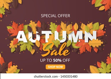 Autumn Sale Background. Folded Paper art. Vector illustration template