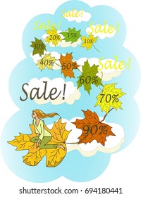 Autumn sale background with girl, flying maple leaves and sale words.