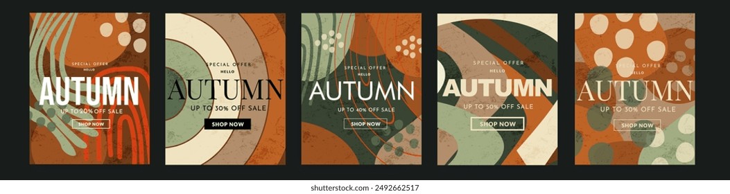 Autumn Sale. Background with Graphic Memphis Elements for Advertising, Web, Social Media, Posters, Banners, and Covers. Set of Colorful Autumn Circles, Lines. Vector Illustration in 80s-90s Style.