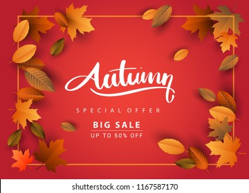 Autumn Sale Background, Hand Drawn Autumn calligraphy with falling leaves, Web Banner, shopping sale or seasonal poster, Postcard and Invitation card. Vector illustration