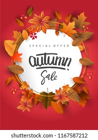Autumn Sale Background, Hand Drawn Autumn calligraphy with falling leaves, Web Banner, shopping sale or seasonal poster, Postcard and Invitation card. Vector illustration