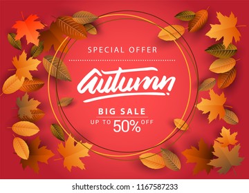 Autumn Sale Background, Hand Drawn Autumn calligraphy with falling leaves, Web Banner, shopping sale or seasonal poster, Postcard and Invitation card. Vector illustration