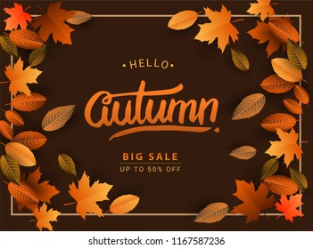 Autumn Sale Background, Hand Drawn Autumn calligraphy with falling leaves, Web Banner, shopping sale or seasonal poster, Postcard and Invitation card. Vector illustration